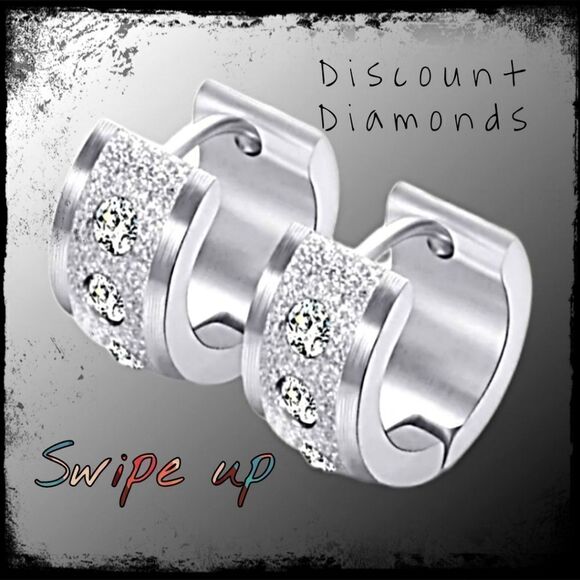 Frosted Stainless Steel Diamond Studded Hoop/ Huggie Earrings - Picture 1 of 3